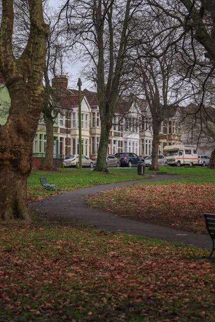 A public park scene with a paved winding pathway surrounded by fallen autumn leaves on the grass, two bare deciduous trees with textured trunks and branches, and empty park benches made of metal and w