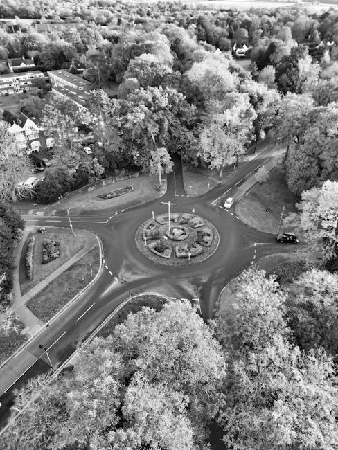 An aerial black-and-white photograph showing a roundabout situated within a residential area surrounded by dense trees. The roundabout features a central island with a flagpole, landscaped with bushes and flowers, encircled by four roads leading into it. On the roads, there are a few parked cars, and the entrances to nearby houses and pathways are visible adjacent to the roundabout. The surrounding area is heavily wooded, with tall trees lining the roads and filling the background. The image captures the scene during daylight hours with clear visibility of the overall environment, but no specific moving activity or objects related to house removals or transport are present in this particular photograph, which may be used in the context of home relocation logistics or neighbourhood mapping on the Man with Van Grove Park website.